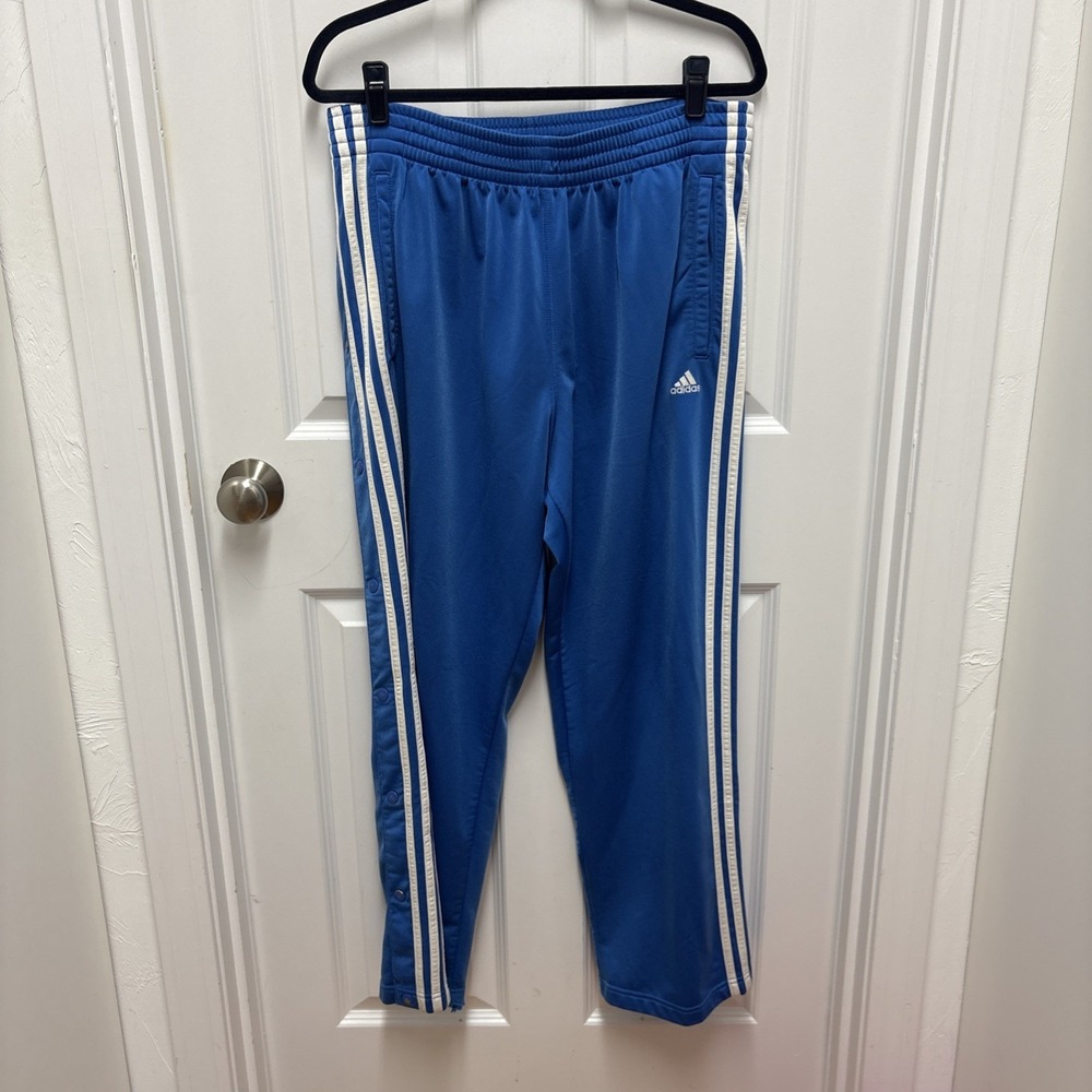 Vintage Vintage Blue Adidas Side-Snap Track Pants With White Three Stripe Design